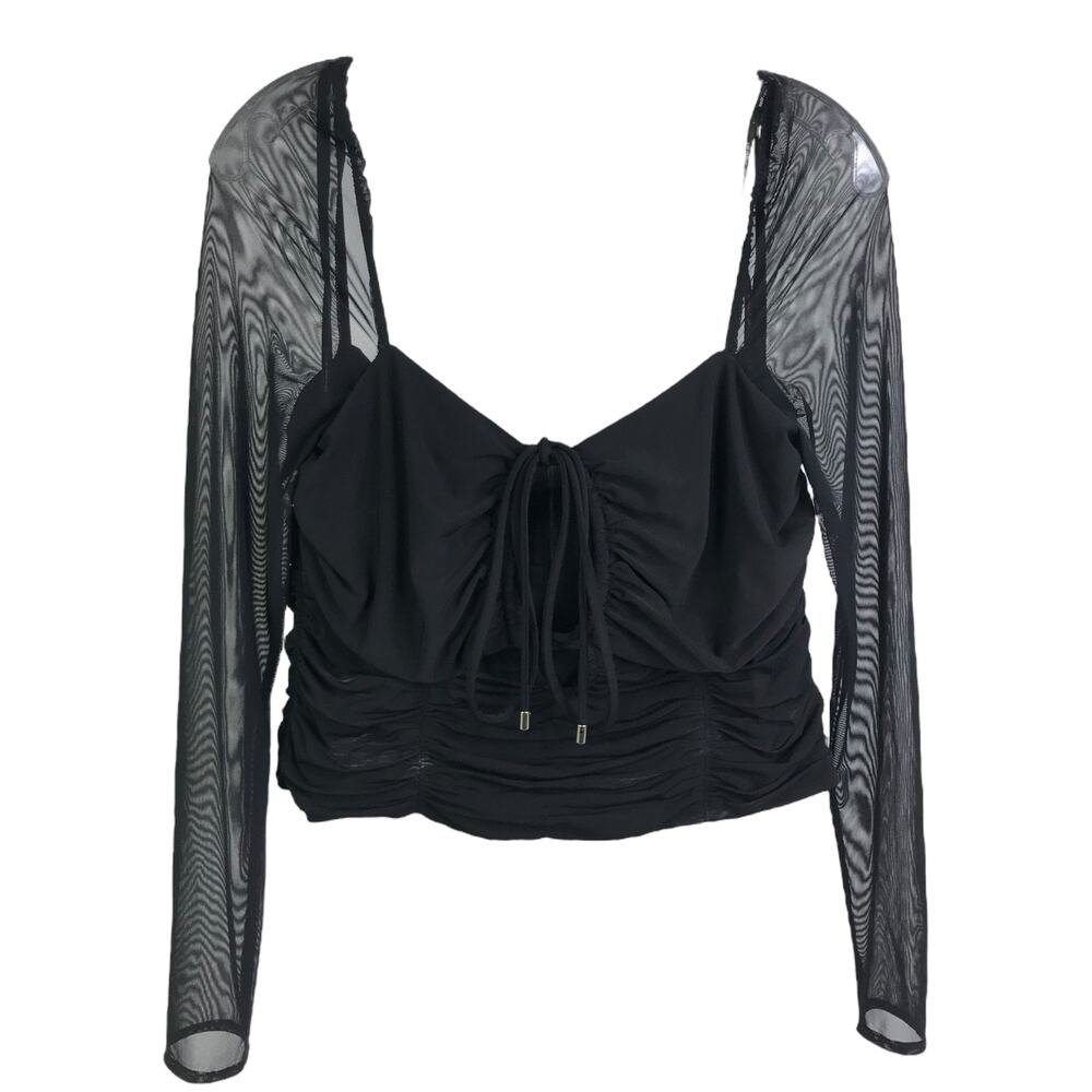 Self-Portrait Ruched Top Women Sz‎ 10 Black Jersey Mesh Long Sleeve Night Out